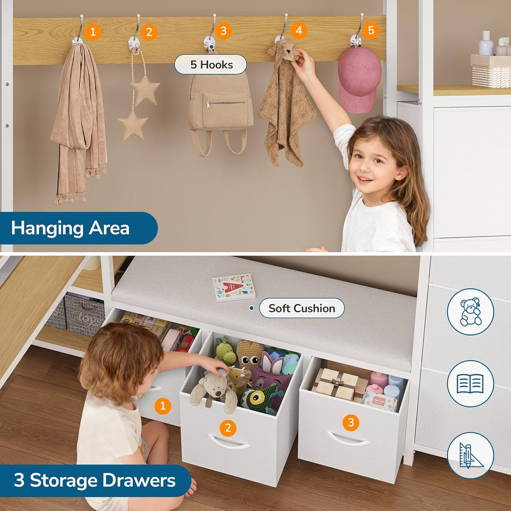 Twin Loft Bed with 6 Storage Drawers, Hall Tree and Pegboard, Metal Loft Bed Twin Size with Desk and Adjustable Shelf, LED Lights and Charging Station, Safety Guardrail and Ladder,No Box Spring Needed