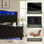 Belffin King Size Bed Frame and Headboard, 50.9" Velvet Upholstered Wingback Bedframe with LED Lights & Storage/Charging Station, Button Tufted Tall Footboard, No Box Spring Needed, Noise-Free, Black