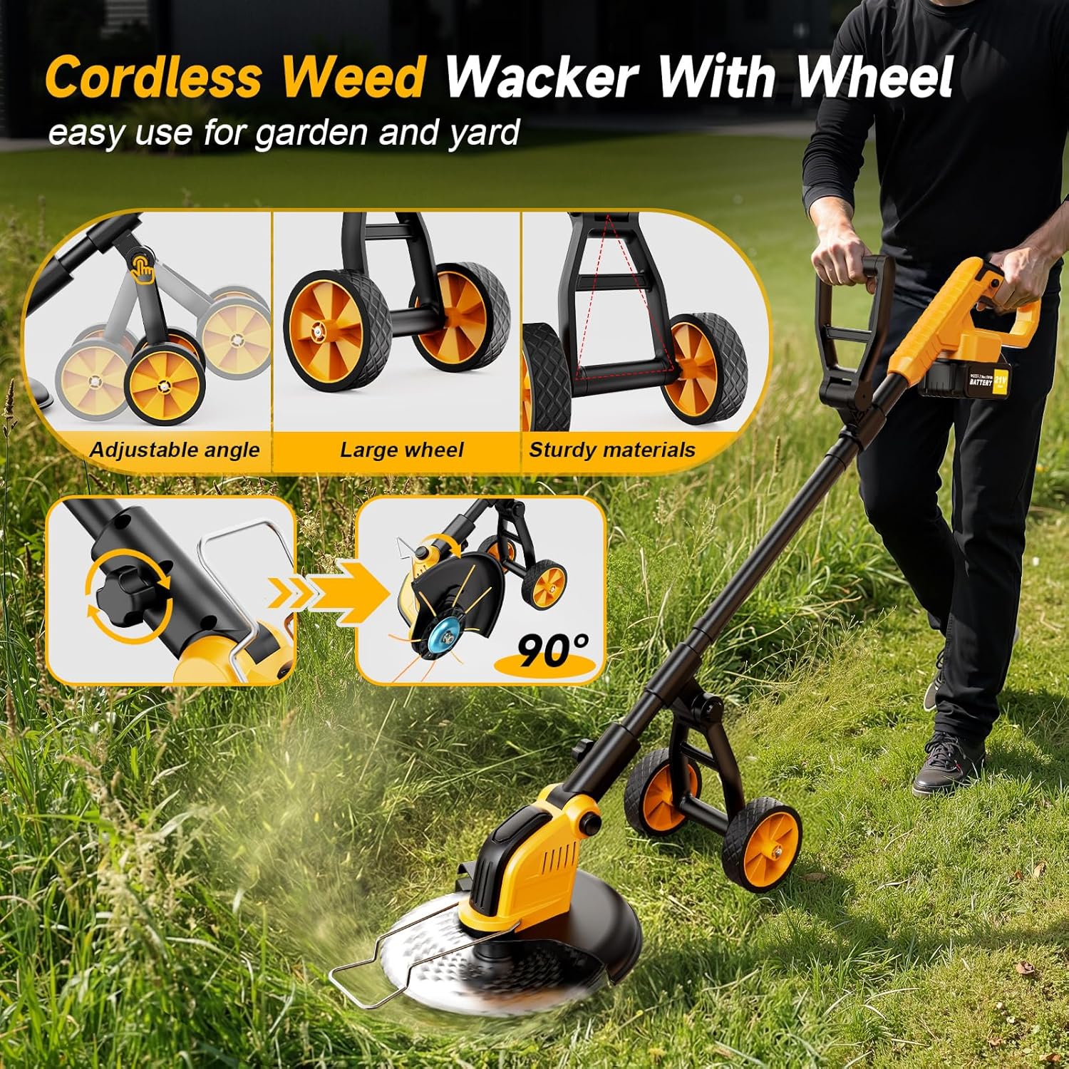 20000 RPM Brushless Electric Weed Wacker Cordless, 12'' Wheeled Weed Eater Battery Powered Brush Cutter, 4-in-1 Grass Trimmer Stringless Weed Trimmer Lawn Mower Edger W/Wheel Metal Blade Battery