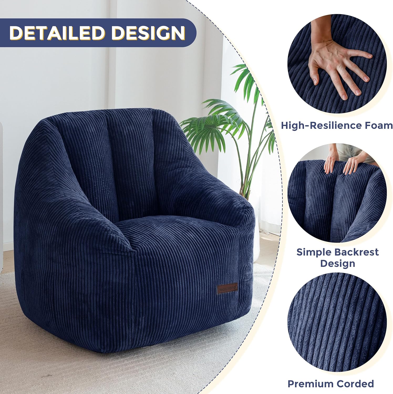 MAXYOYO Bean Bag Chair, Bean Bag Sofa with Filler, Cozy Living Room Chair for Adults and Kids, Stuffed Floor Sofa for Bedroom Dorm Reading, Navy