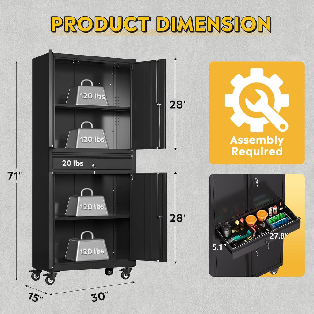 DEVAISE Metal Garage Storage Cabinet with Locking Doors and Drawer,71" Tool Cabinet with Adjustable Shelves & Wheels, 71" Steel Cabinet for Garage, Warehouse (Black)