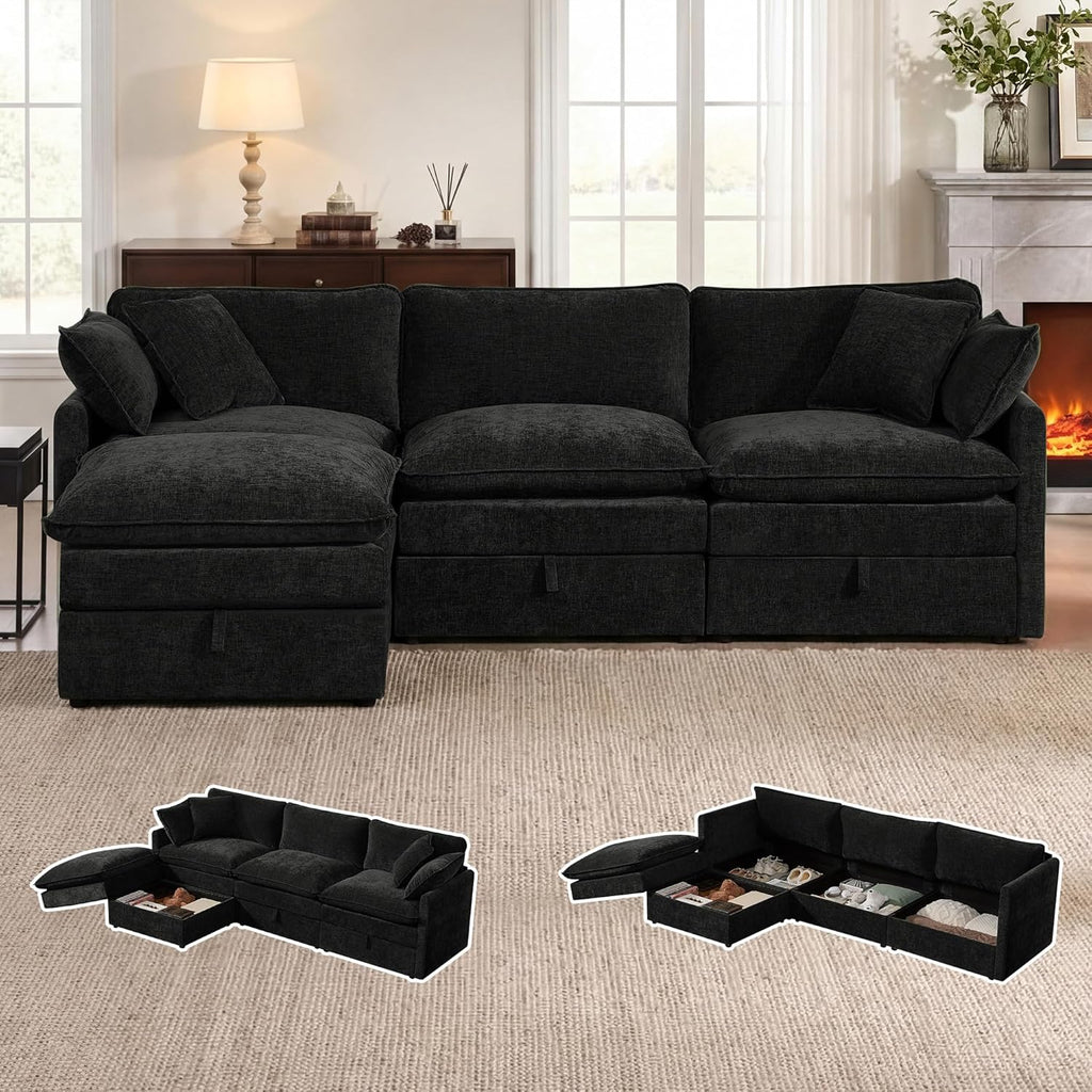 Modular Sofa with Storage, 103" L Shape Sectional Cloud Couch, Comfy Fabric Couch with Movable Ottoman, 4 Seat Modern Deep Seat Sofa for Living Room (Black Chenille)