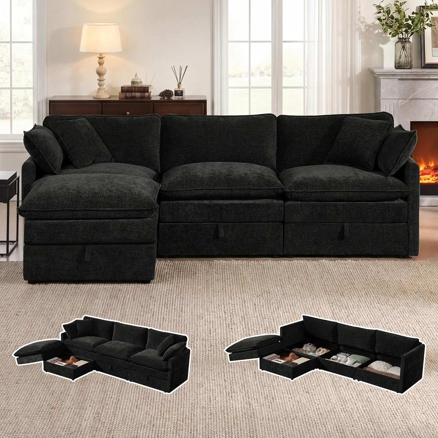 Modular Sofa with Storage, 103" L Shape Sectional Cloud Couch, Comfy Fabric Couch with Movable Ottoman, 4 Seat Modern Deep Seat Sofa for Living Room (Black Chenille)
