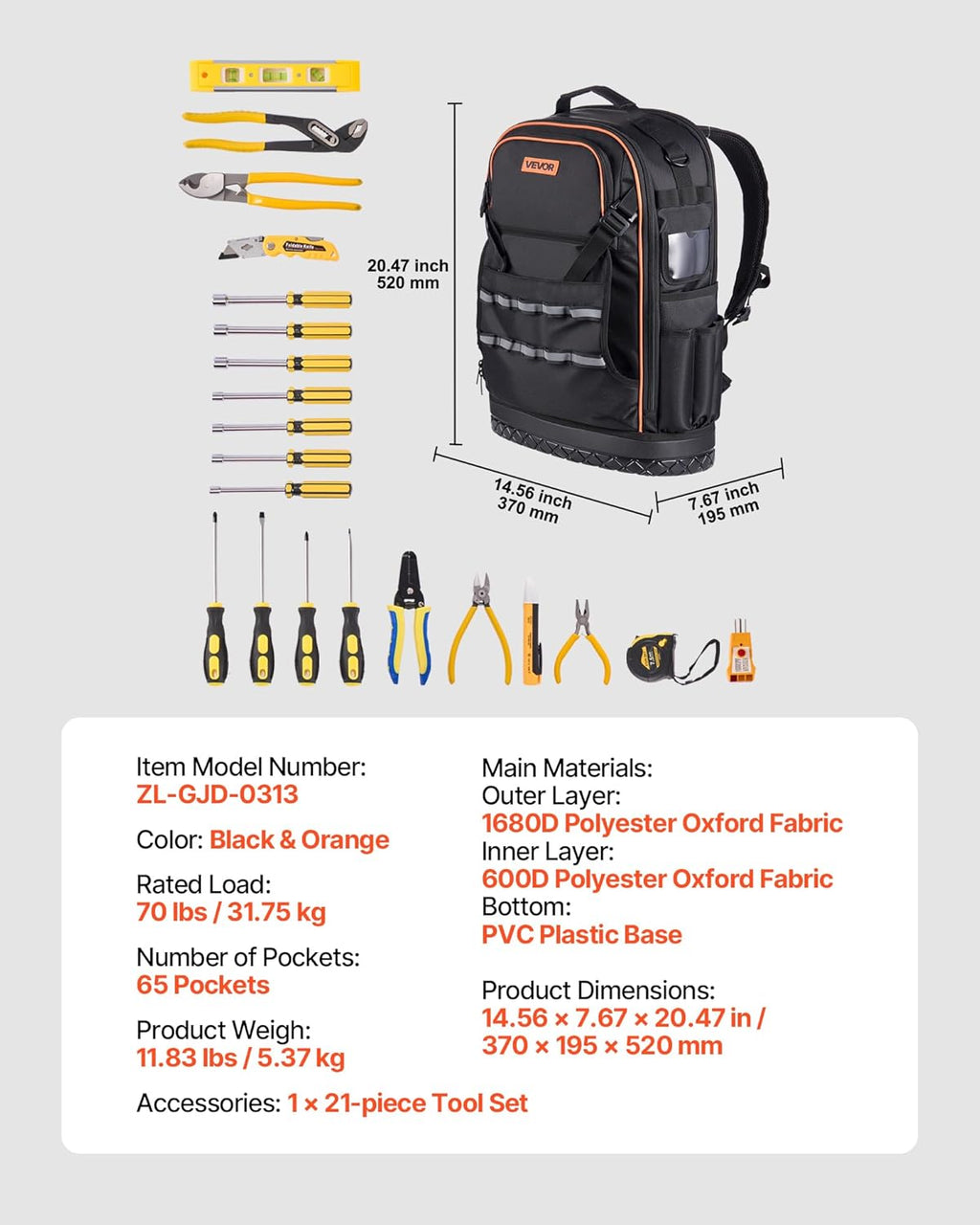 VEVOR Tool Backpack with Tools, 65 Pockets, Heavy-duty Tools Storage Organizer Bags with Laptop Compartment & Molded Base, Electrician Jobsite Backpack for Electrician, Repairman, and HVAC Techs