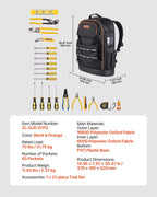 VEVOR Tool Backpack with Tools, 65 Pockets, Heavy-duty Tools Storage Organizer Bags with Laptop Compartment & Molded Base, Electrician Jobsite Backpack for Electrician, Repairman, and HVAC Techs