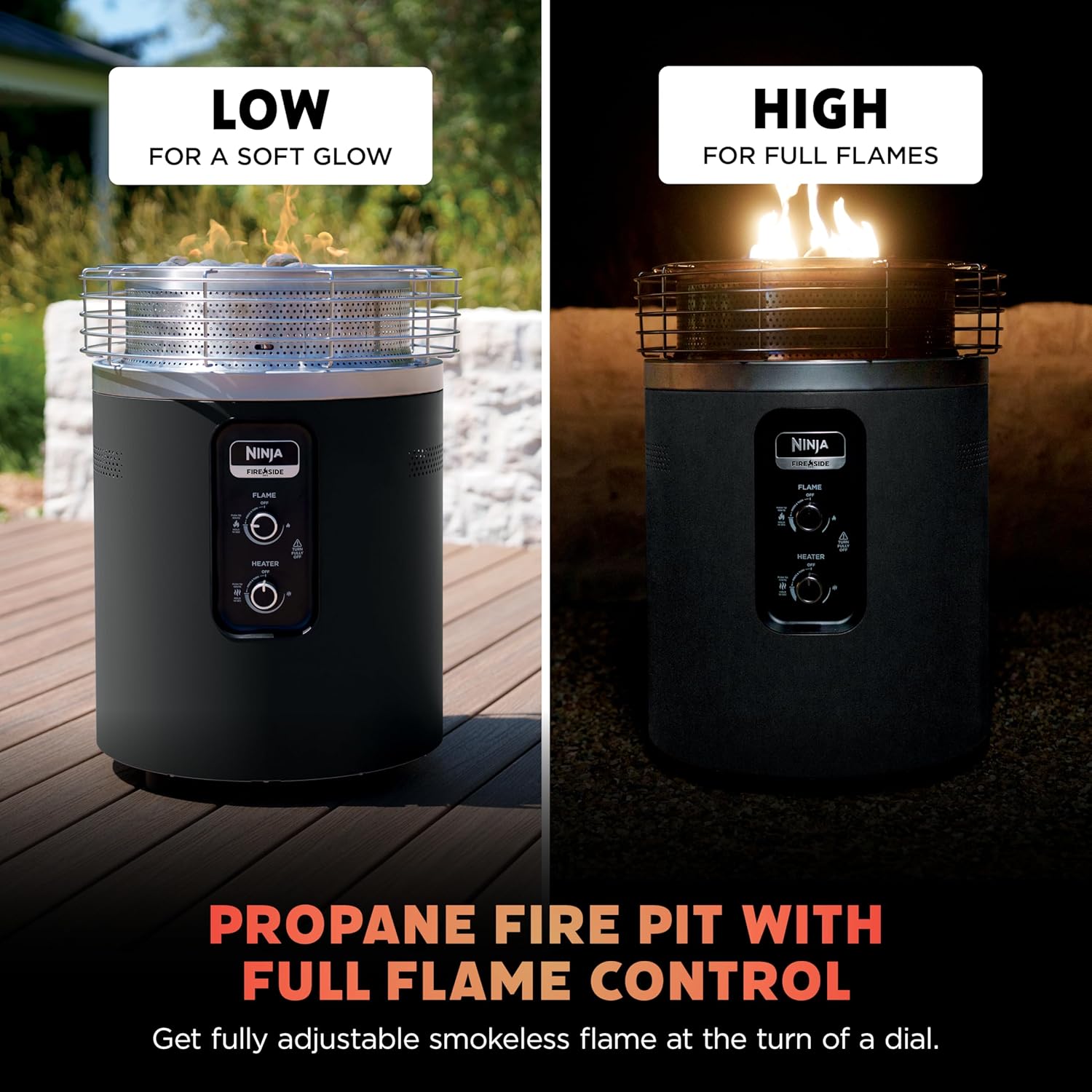 Ninja Fireside360™ Outdoor Heater & Fire Pit | 3 Modes: Flame  Heat  Flame & Heat | Portable for Patio  Deck  Camping  Beach | Easy Control Smokeless Flames | Push to Start Ignition | Black | OF101BK