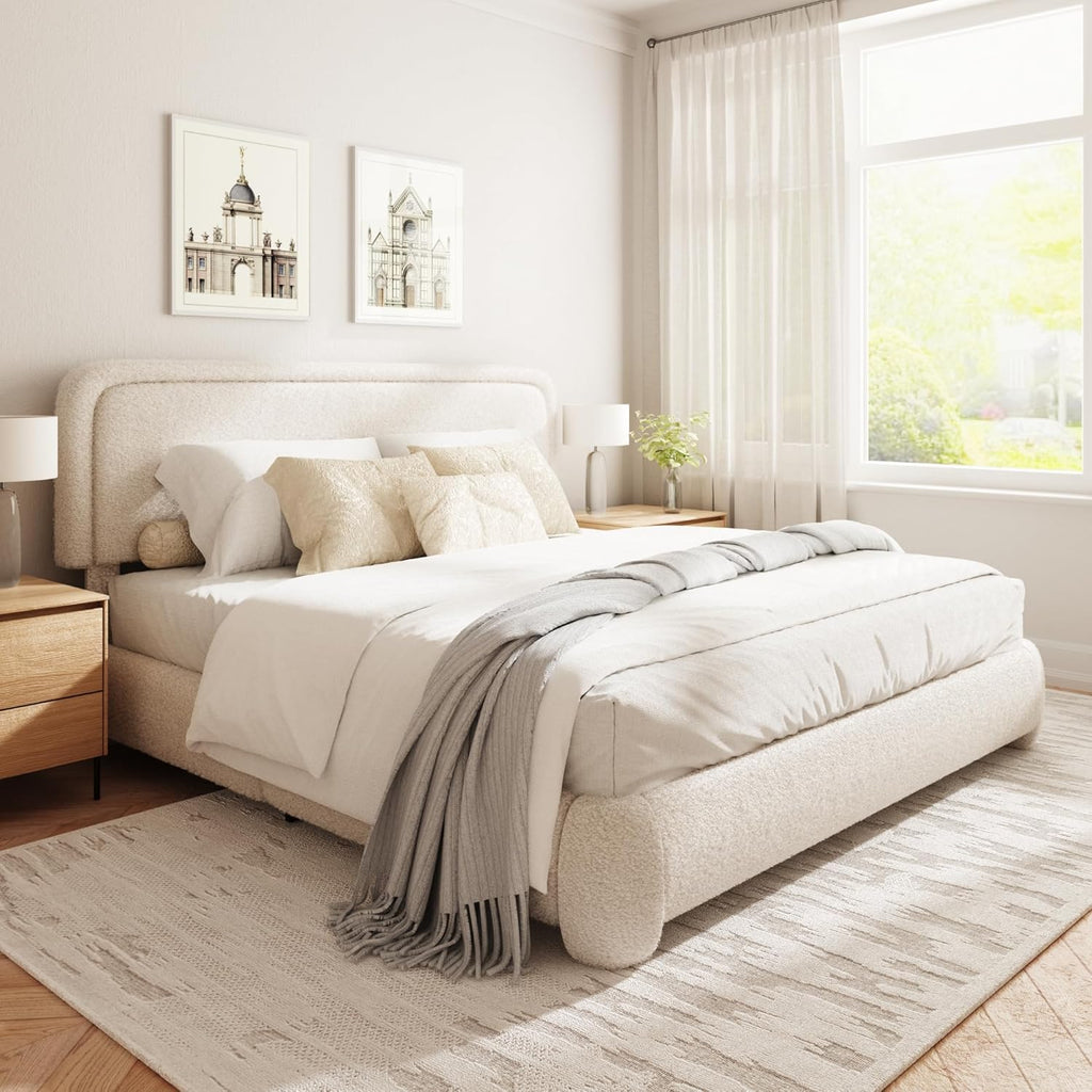 Queen Size Boucle Bed Frame, Upholstered Platform Bed with Height Adjustable Headboard & Soft Rounded Corners, Noise Free, Easy Assembly, No Box Spring Needed, Beige