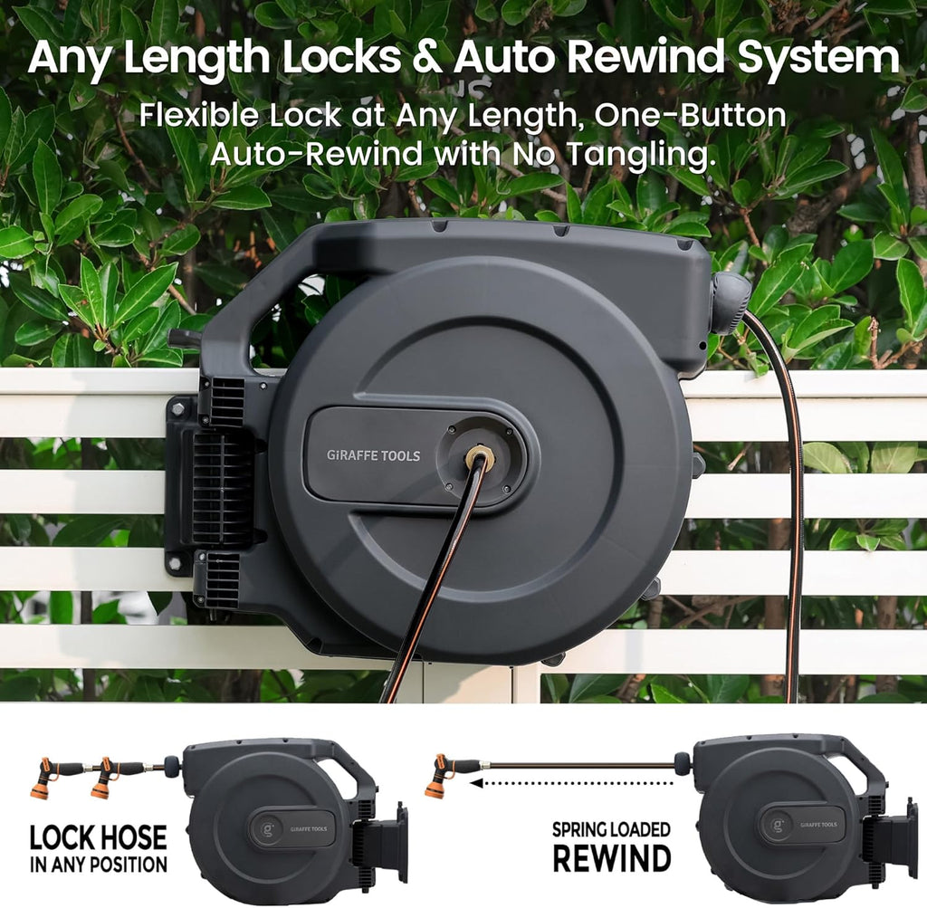 Giraffe Tools AW505/8 Retractable Garden Hose Reel 5/8" x 115+5 ft  Heavy Duty Wall Mounted Water Hose Reel Automatic Rewind  180 Deg Swivel Bracket  Slow Retraction  115ft  Dark Grey