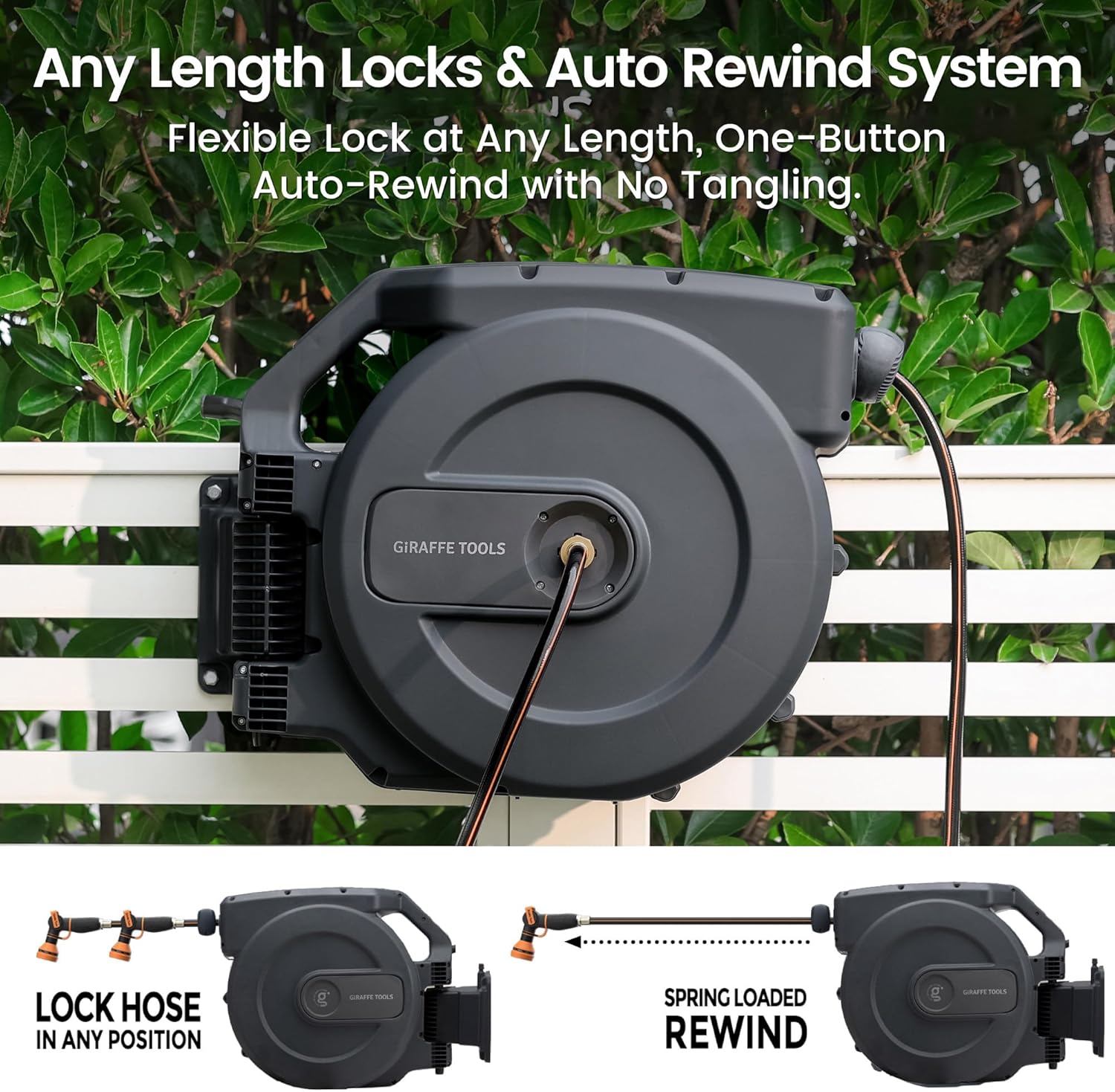 Giraffe Tools AW505/8 Retractable Garden Hose Reel 5/8" x 115+5 ft  Heavy Duty Wall Mounted Water Hose Reel Automatic Rewind  180 Deg Swivel Bracket  Slow Retraction  115ft  Dark Grey