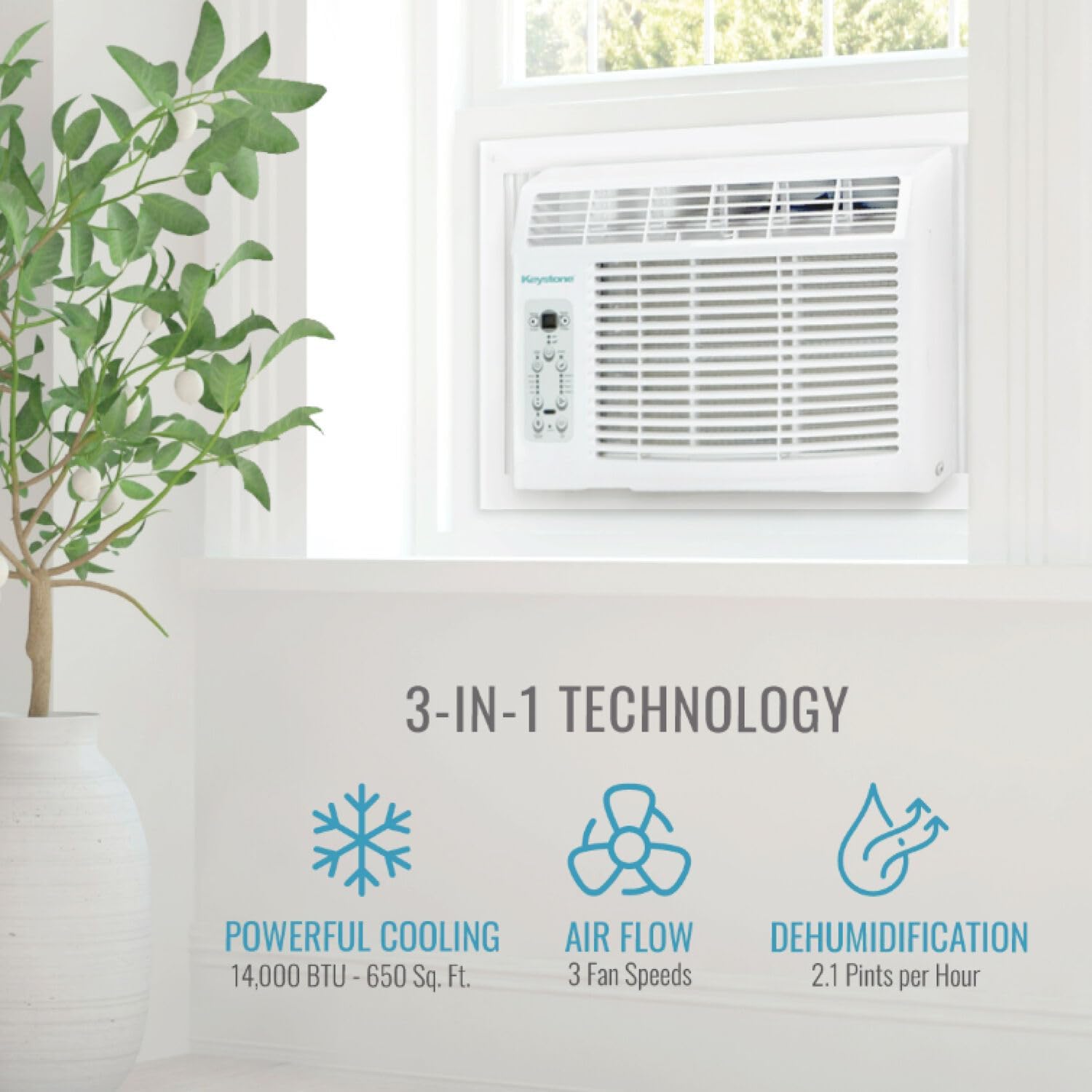 Keystone 14,000 BTU Window Air Conditioner and Dehumidifier, Window Unit Air Conditioners for Apartment, Living Room, Garage, and Medium to Large Rooms up to 650 Sq.Ft., Window AC Unit with Remote