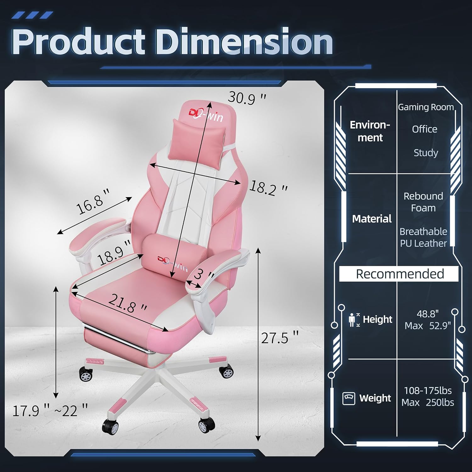 DL-win Video Gaming Chairs for Adults, Gamer Chair with Footrest, High Back, Big and Tall Gamer Chair‘s with Massage Lumbar Support, 360° Swivel Height Adjustable Computer Chaires, Pink