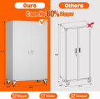 Aobabo Extra Large Garage Storage Cabinet on Wheels, Metal Storage Cabinets with 4 Adjustable Shelves, 3 Pegboards and 2 Tool Pouches for Home Office Stash, Assembly Required