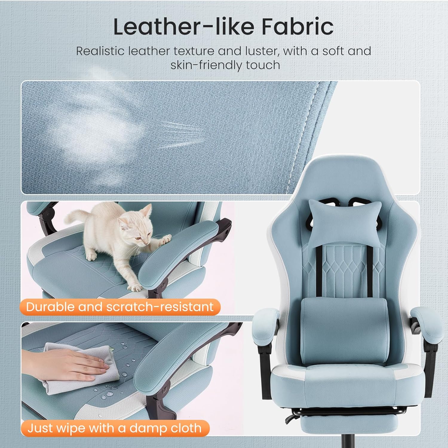 Sweetcrispy Video Game Chair - High Back Ergonomic Computer Desk Chair with Footrest & Lumbar Support, Height Adjustable Task Chair with Linkage Armrests and Headrest, 360° Swivel Wheels, Blue