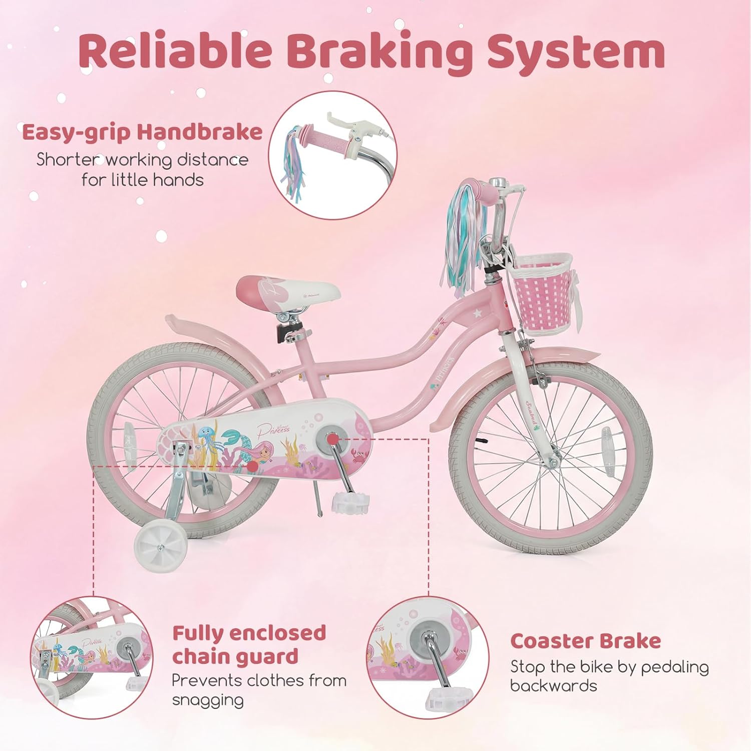 BABY JOY Kids Bike, 12" 14" 16" 18" Mermaid Girls Bike for 3-8 Years Old w/Basket, Training Wheels, Hand & Coaster Brakes, Adjustable Seat & Handlebar, 20" Children Bicycle with Kickstand for 8+