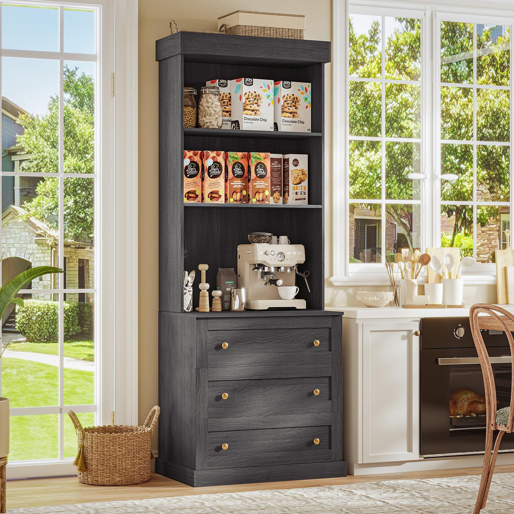 71" Tall Farmhouse Kitchen Pantry, Large Storage Cabinet with Drawers, Freestanding Coffee Bar Hutch with Microwave Stand, Adjustable Shelves for Kitchen, Living Room, Black 4 Pcs
