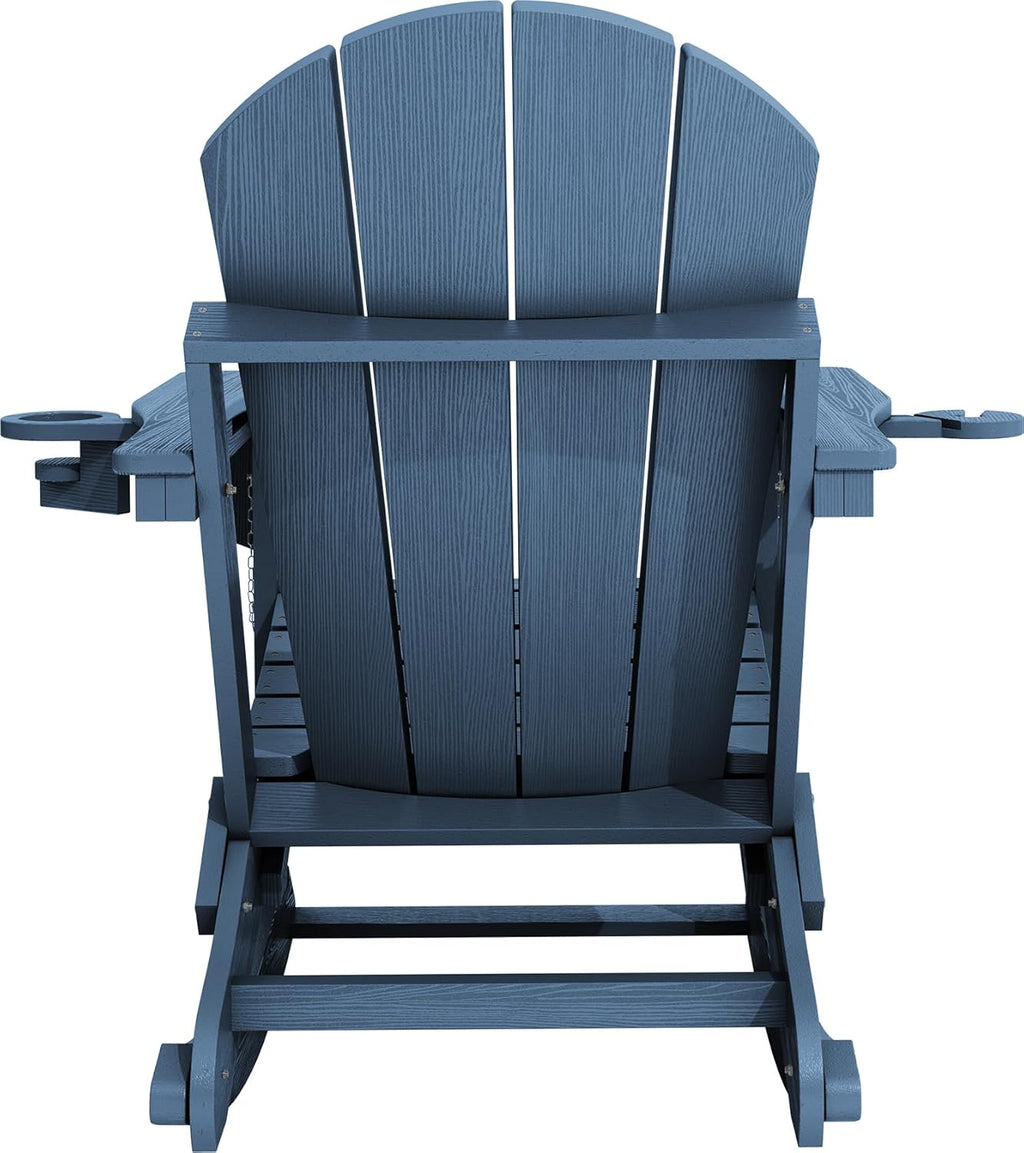 KINGYES Adirondack Rocking Chair with Retractable Ottoman and Cup Holders, HDPE Adirondack Rocker Patio Rocking Chair for Porch, Patio, Balcony, Deep Blue