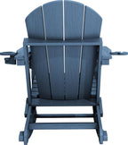 KINGYES Adirondack Rocking Chair with Retractable Ottoman and Cup Holders, HDPE Adirondack Rocker Patio Rocking Chair for Porch, Patio, Balcony, Deep Blue
