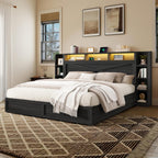 AMERLIFE 45'' Farmhouse King Bed Frame with 4 Drawers, LED Bed Frame with Bookcase Headboard & Side Shelves, Wood Platform Bed with Charging Station, Black