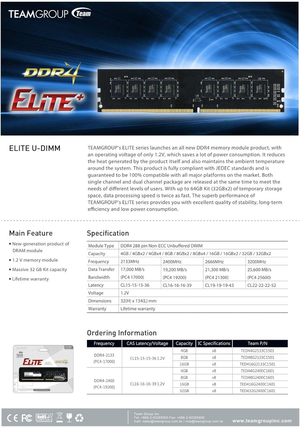 TEAMGROUP Elite DDR4 16GB Kit (2 x 8GB) 3200MHz (PC4-25600) CL22 Unbuffered Non-ECC 1.2V UDIMM 288 Pin PC Computer Desktop Memory Module Ram Upgrade - TED416G3200C22DC01