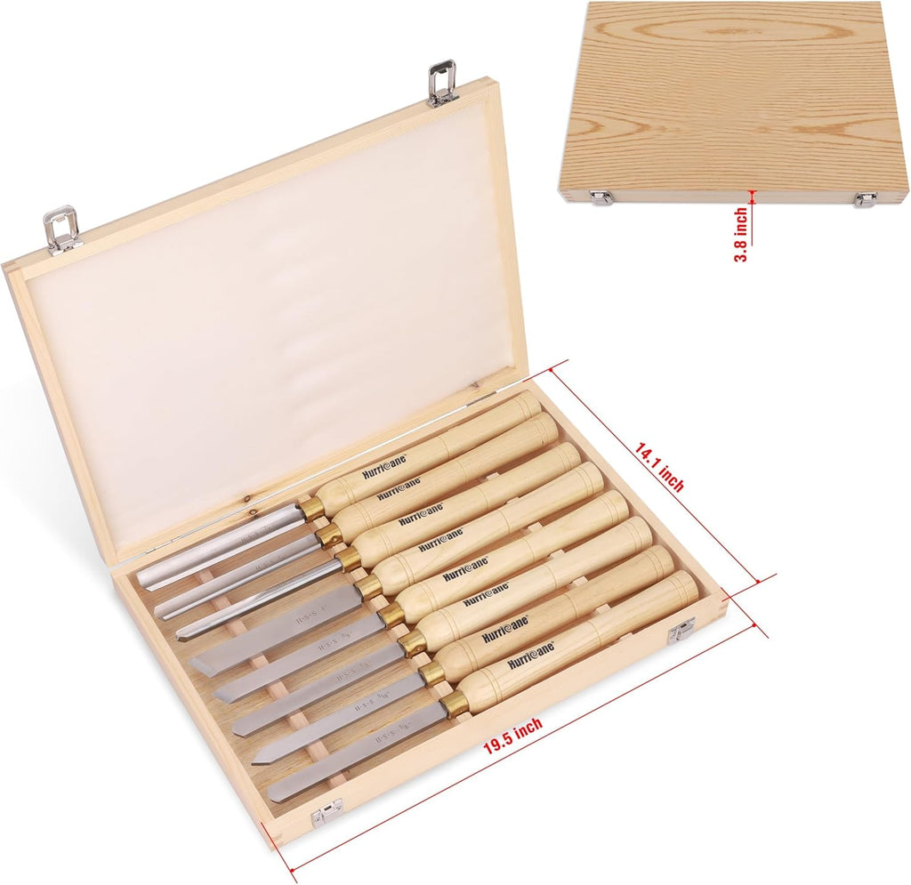 HURRICANE 8pc Wood Lathe Chisel Set, M2 HSS Wood Turning Tools with 10" Solid Hardwood Handles, Lathe Tool Kit for Beginners and DIY Hobbyists, Includes Protective Wooden Box