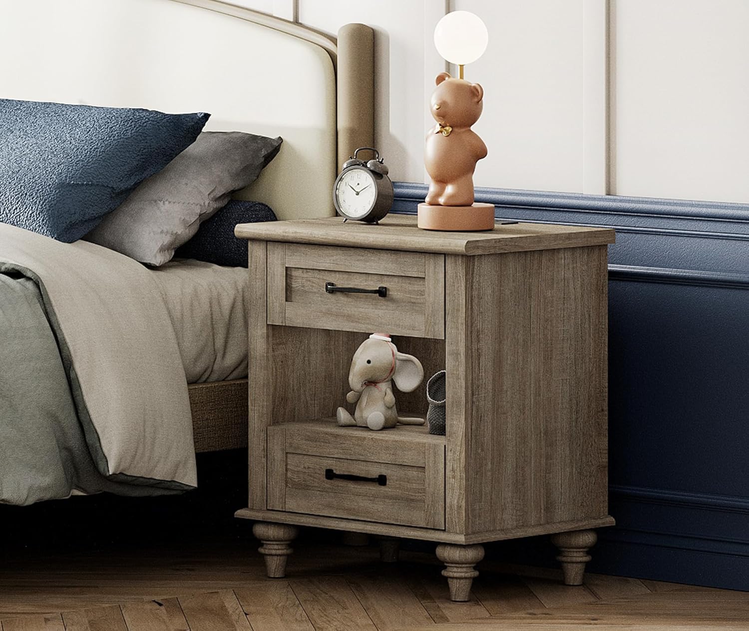 WAMPAT Farmhouse End Table Nightstand with Charging Station, Small Side Table with 2 Drawers & Shelf for Living Room, Light Wood Night Stand Bedside Table for Bedroom, Grey