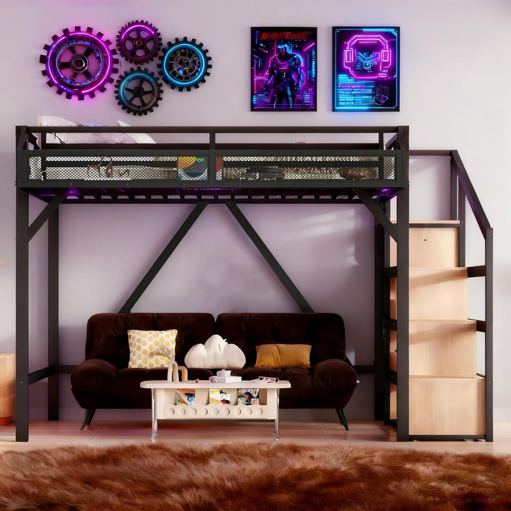 Bellemave Full Size Loft Bed with Storage Stairs, Shelves & Wardrobe, Metal Full Loft Bed Frame with LED Lights & USB Ports for Kids Teens, Noise-Reduced Design, Natural Wood