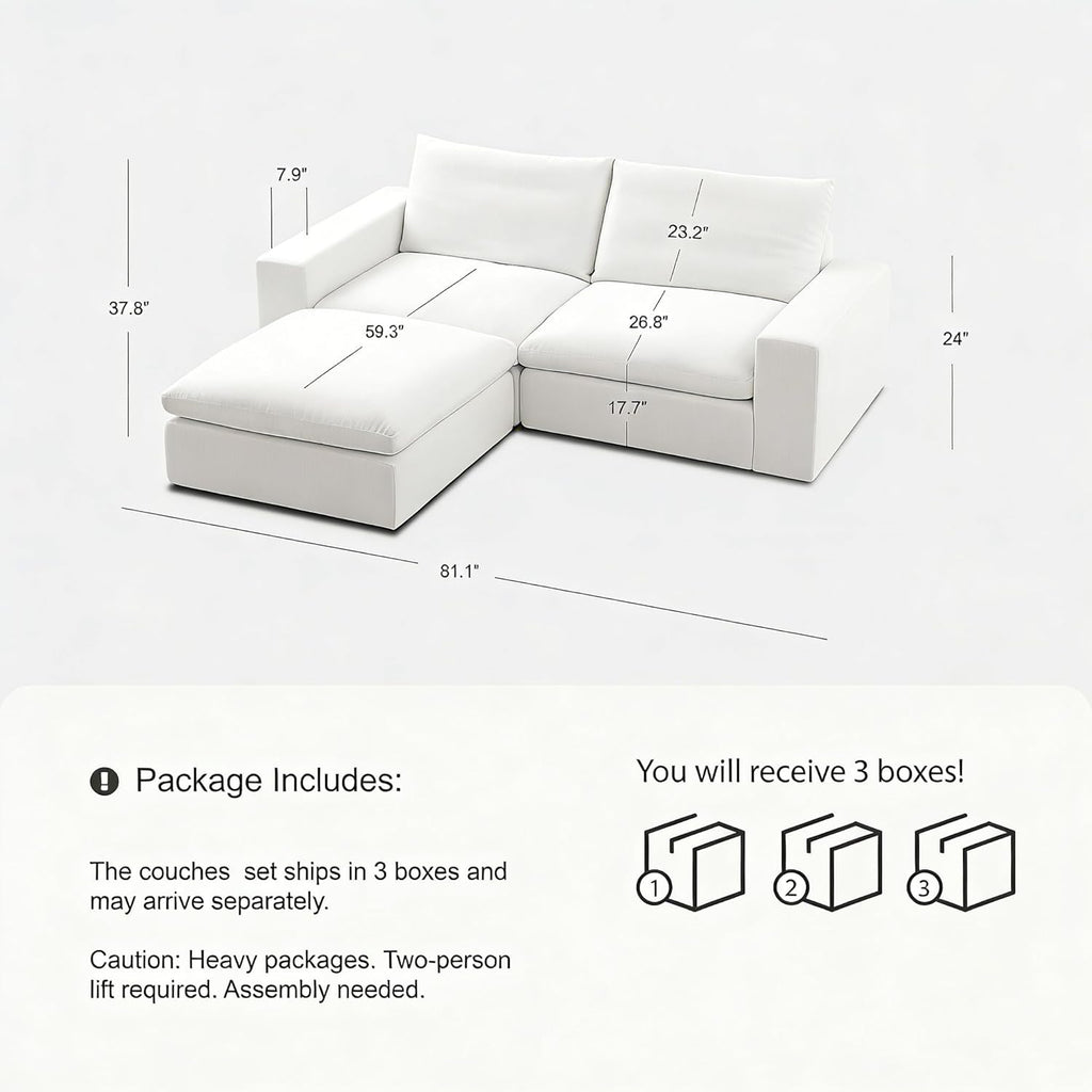 Cloud Couch Sectional 78.7'' Oversized Modular Deep Seat Sofa L Shaped Comfy White Cloud Couch with Washable Cover for Living Room Loveseat with Ottoman | Water repellent
