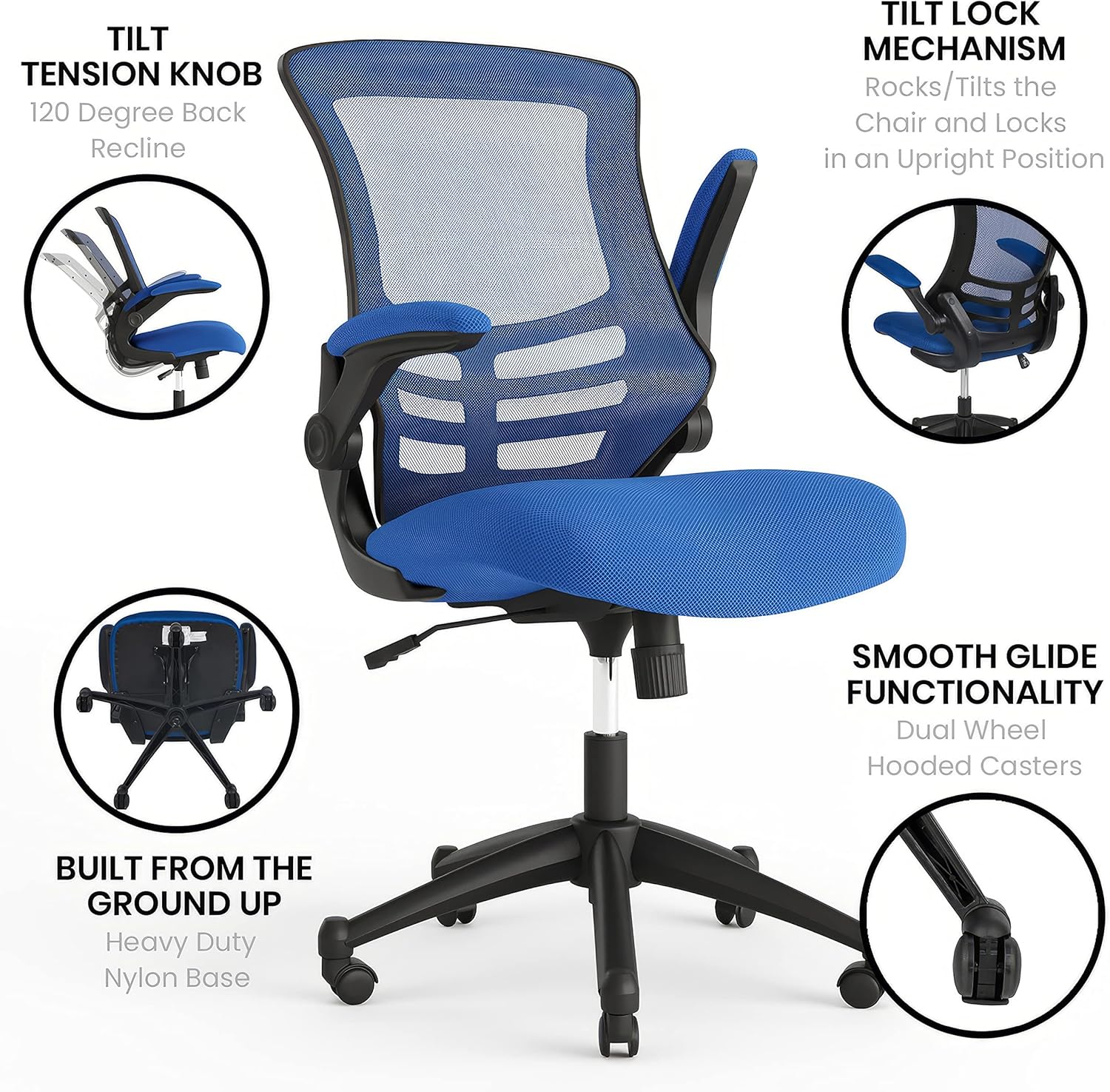 Flash Furniture Kelista Mid-Back Blue Mesh Swivel Ergonomic Task Office Chair with Flip-Up Arms