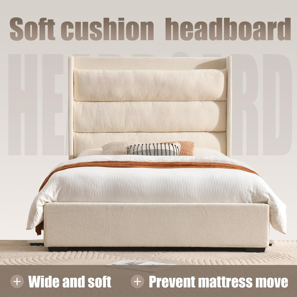 YUHUASHI Queen Storage Bed Frame with 63.4-inch High Headboard, Storage Drawers, Slatted Support, No Spring Mattress Required (Cream, Queen (U.S. Standard))