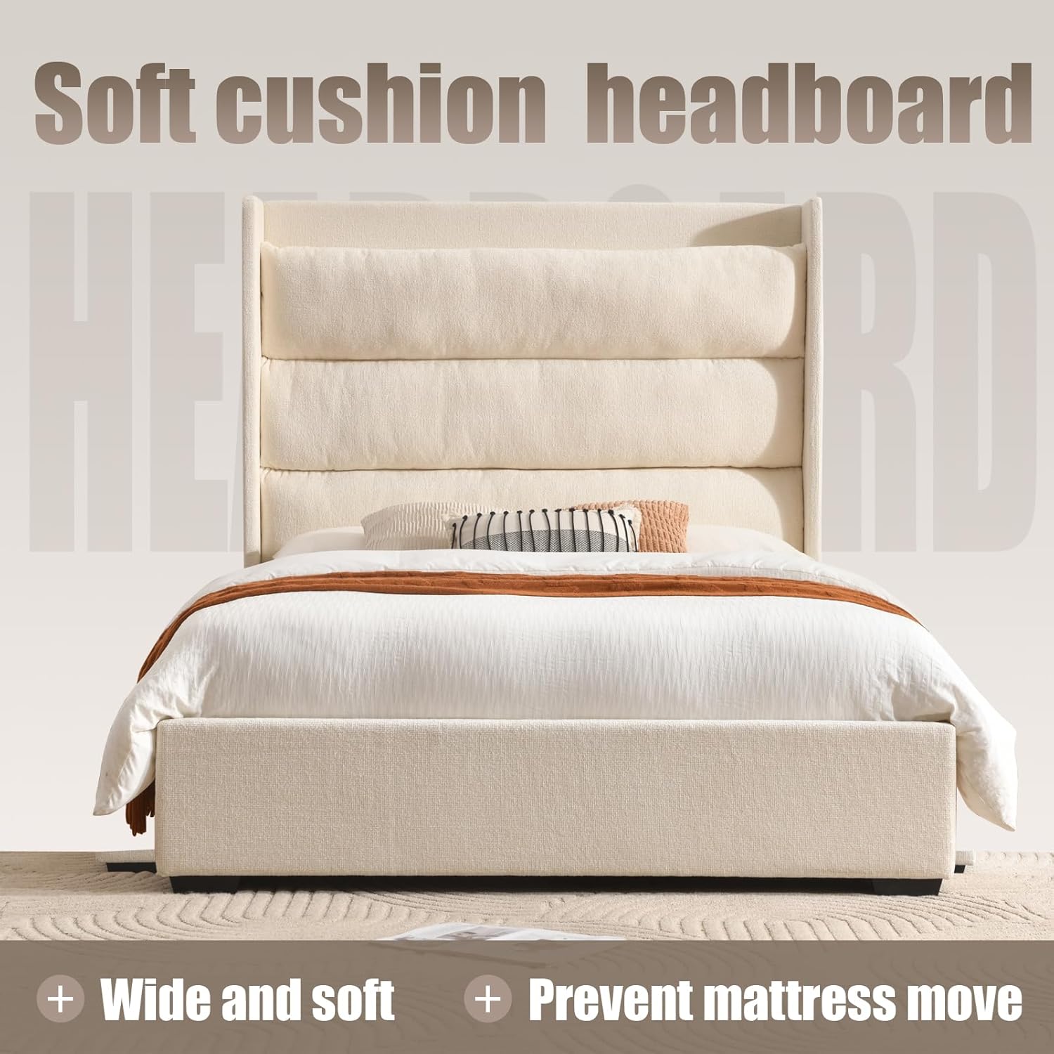 YUHUASHI Queen Storage Bed Frame with 63.4-inch High Headboard, Storage Drawers, Slatted Support, No Spring Mattress Required (Cream, Queen (U.S. Standard))