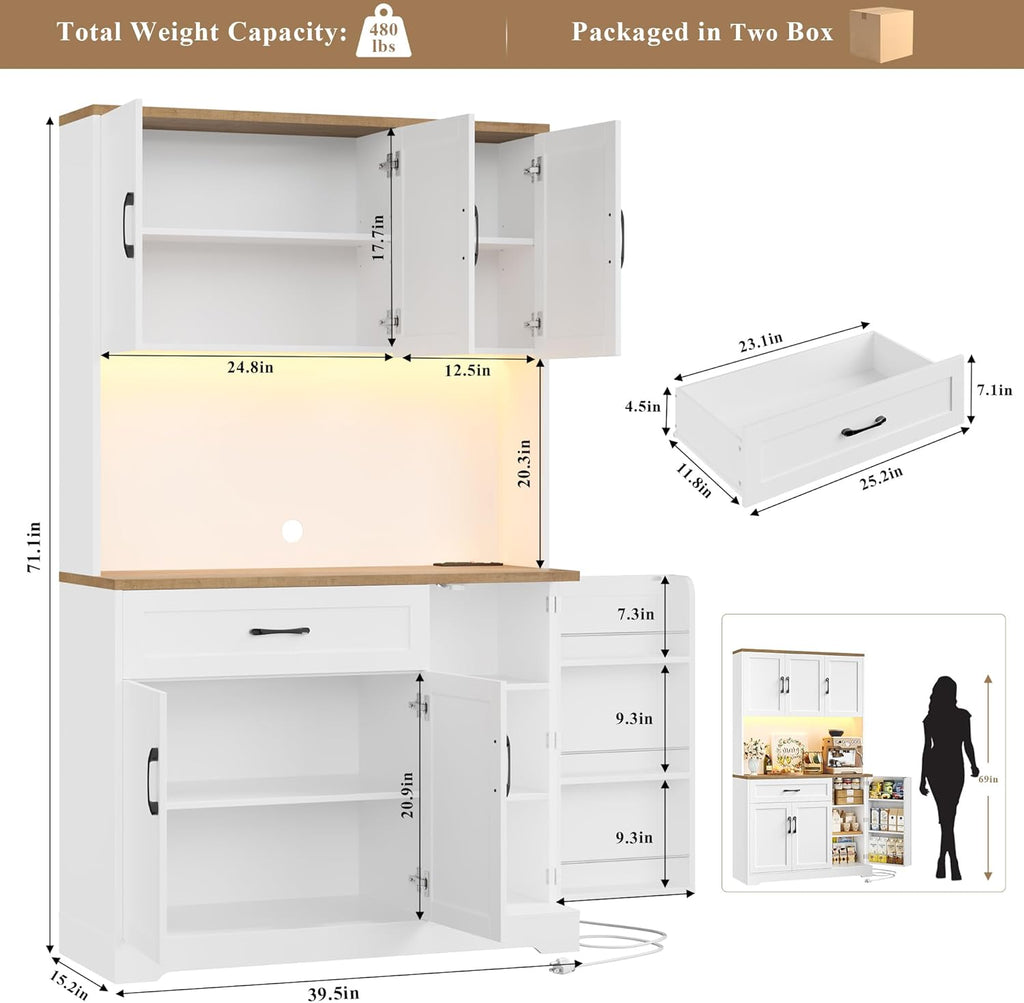 HIFIT 71" LED Pantry Cabinet with Power Outlet, Tall Kitchen Hutch Storage Cabinet with Microwave Stand & 6 Door Shelves, Modern Food Pantry Cabinets with Drawer for Kitchen Dining Living Room, White