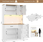HIFIT 71" LED Pantry Cabinet with Power Outlet, Tall Kitchen Hutch Storage Cabinet with Microwave Stand & 6 Door Shelves, Modern Food Pantry Cabinets with Drawer for Kitchen Dining Living Room, White
