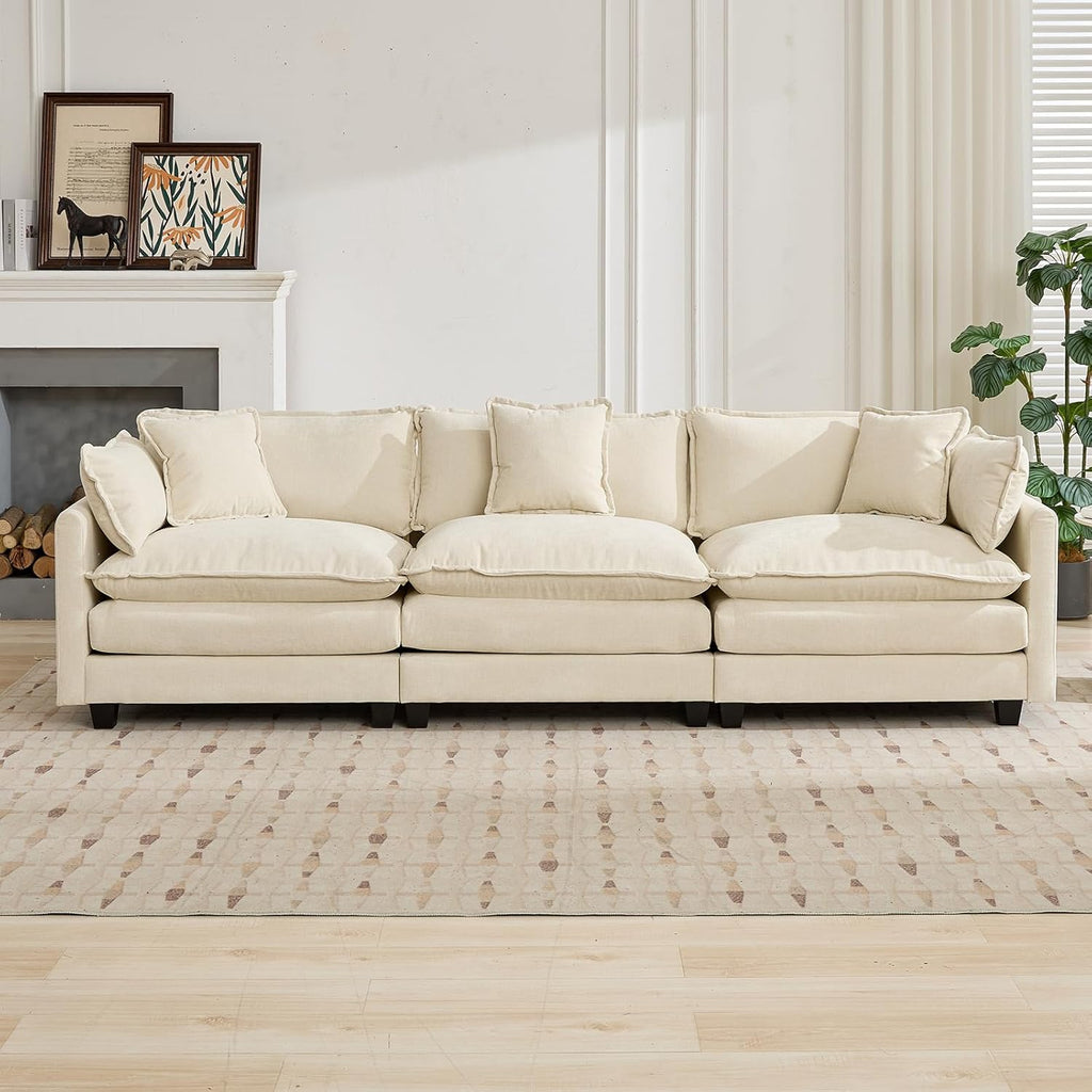 113.8" Modern Cozy Sectional Couches for Living Room, Beige Chenille Comfy Cloud Couch Sectional, 3 Seater Couch for Living Room, Sofas para Sala, I Shaped Sofas & Couches (Beige, 3+0 Set)
