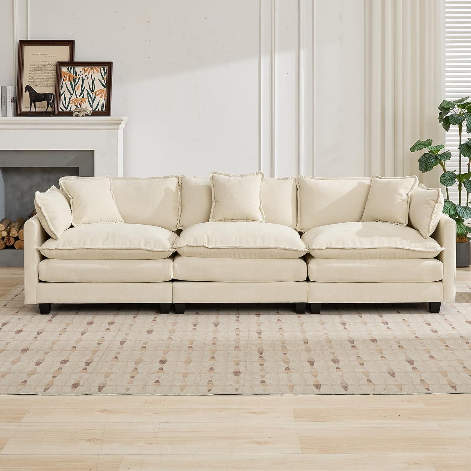 113.8" Modern Cozy Sectional Couches for Living Room, Beige Chenille Comfy Cloud Couch Sectional, 3 Seater Couch for Living Room, Sofas para Sala, I Shaped Sofas & Couches (Beige, 3+0 Set)