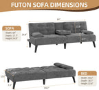 Shintenchi Futon Sofa Bed, Velvet Foldable Couch, Reclining Sleeper with Removable Armrests, Upholstered Loveseat Sofa Couch with Folding Cup Holders for Home, Office, Dark Grey