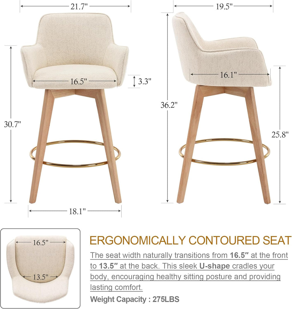 ONEVOG Modern 26" Counter Height Bar Stools Set of 4, Swivel Kitchen Island Tall Chairs with Back, Arm, Footrest and Solid Wood Legs, Linen Fabric Upholstered Farmhouse Barstools for Countertop, Beige