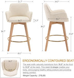 ONEVOG Modern 26" Counter Height Bar Stools Set of 4, Swivel Kitchen Island Tall Chairs with Back, Arm, Footrest and Solid Wood Legs, Linen Fabric Upholstered Farmhouse Barstools for Countertop, Beige