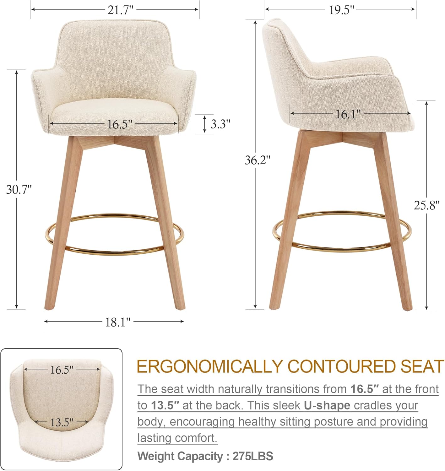 ONEVOG Modern 26" Counter Height Bar Stools Set of 4, Swivel Kitchen Island Tall Chairs with Back, Arm, Footrest and Solid Wood Legs, Linen Fabric Upholstered Farmhouse Barstools for Countertop, Beige