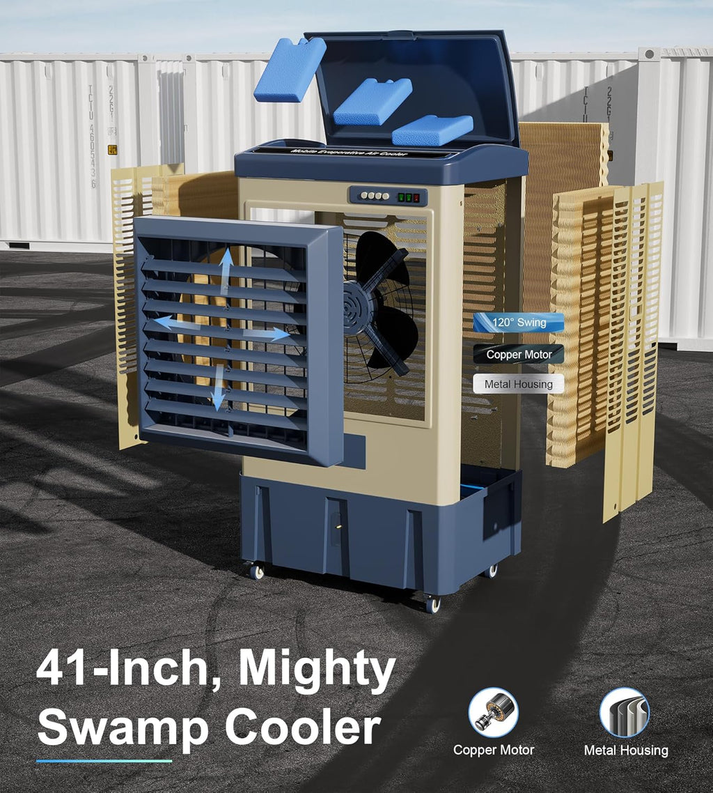 4800 CFM Swamp Cooler,41" Evaporative Air Cooler with 10.6 Gal Water Tank,3 Ice Packs,120° Swing,3 Speeds,Swamp Cooler Air Conditioner for Commercial,Outdoor,Garage,Patio,Porch,Factory