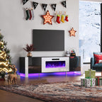 AMERLIFE Fireplace TV Stand with 40" Fireplace, 80" Modern Entertainment Center with High Gloss Doors & LED Lights, U-Shaped Legs TV Console Cabinet for TVs Up to 90", Black TV Stand White Fireplace