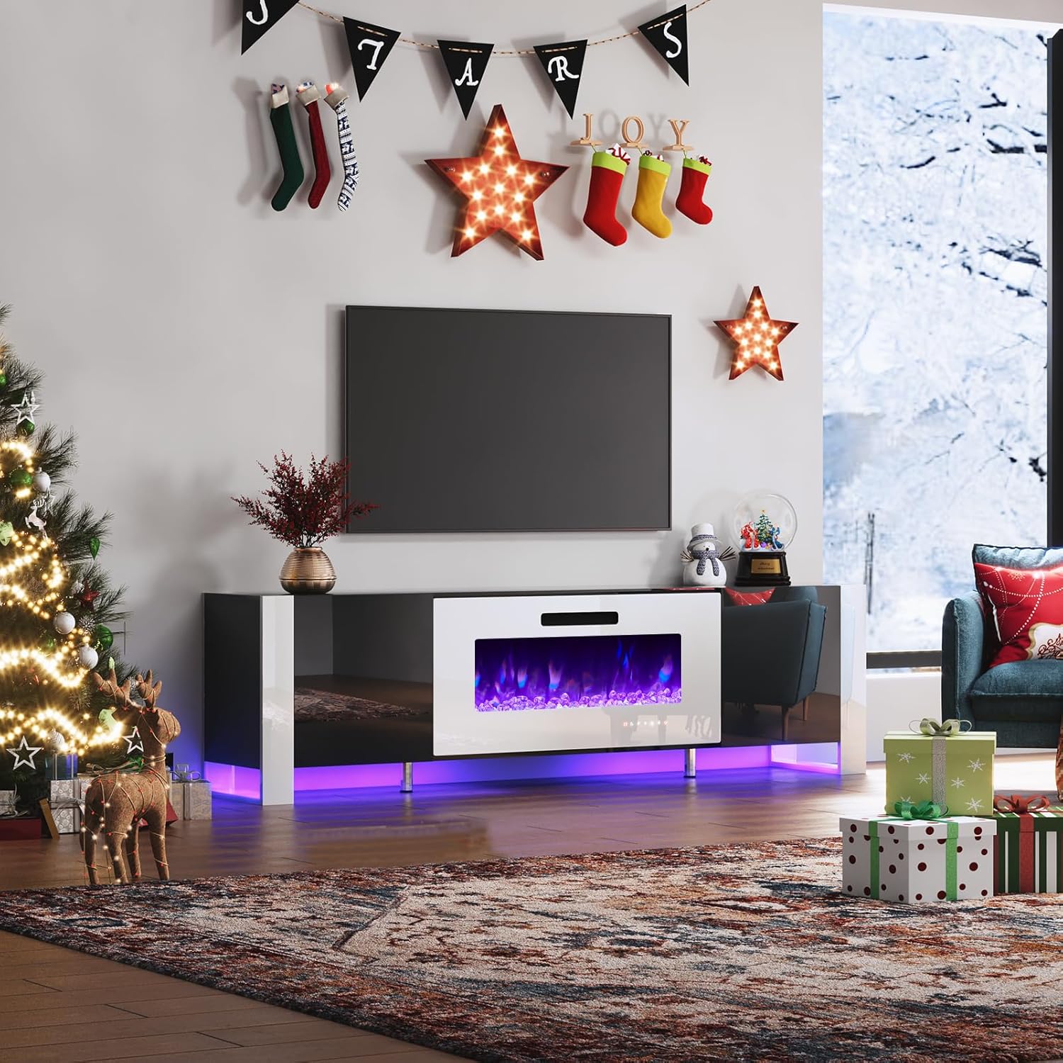 AMERLIFE Fireplace TV Stand with 40" Fireplace, 80" Modern Entertainment Center with High Gloss Doors & LED Lights, U-Shaped Legs TV Console Cabinet for TVs Up to 90", Black TV Stand White Fireplace