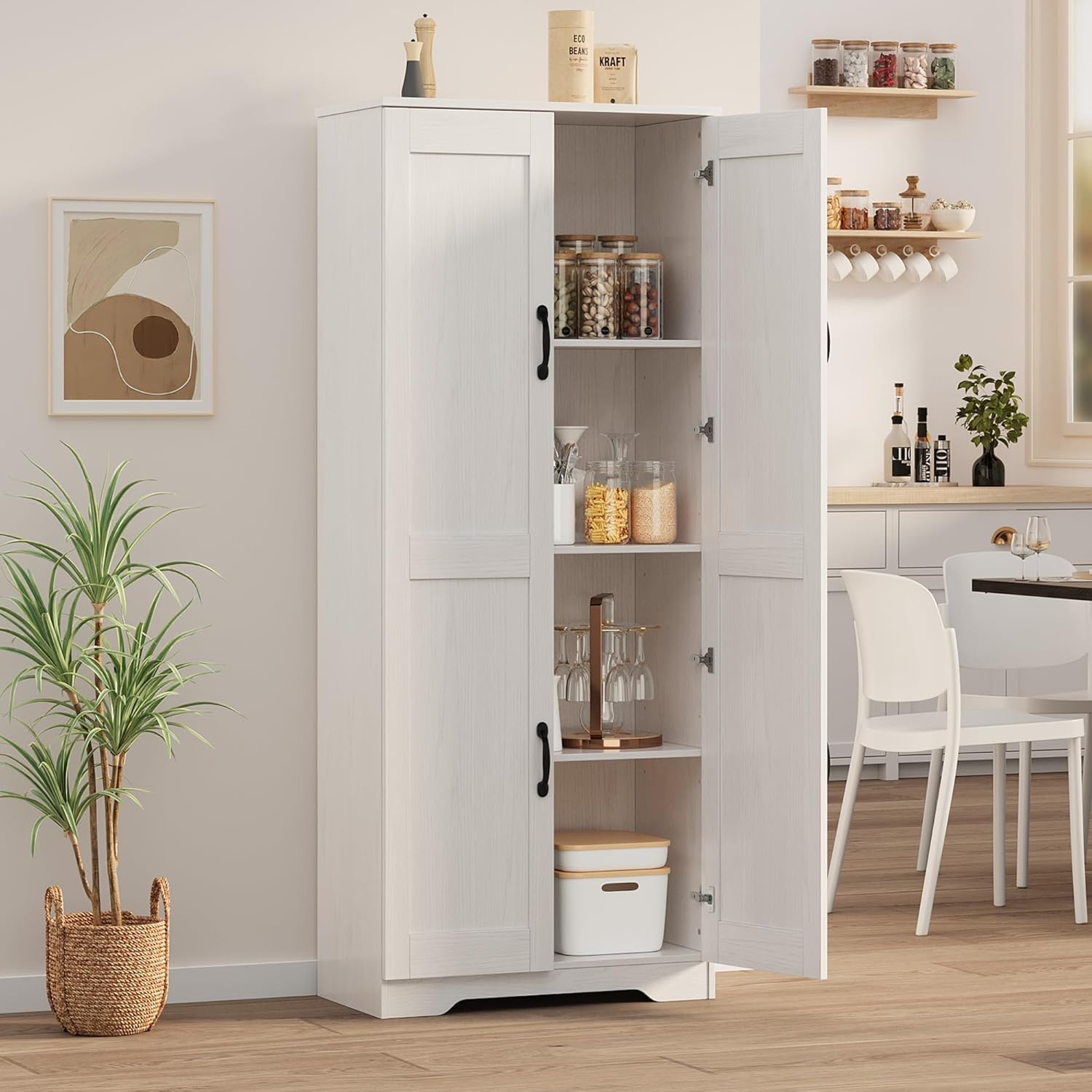 IDEALHOUSE Tall Pantry Cabinet, 60" Kitchen Pantry Storage Cabinet with 2 Doors and Adjustable Shelves, Freestanding Kitchen Cabinet, Cupboard for Dining Room, Bathroom (White)