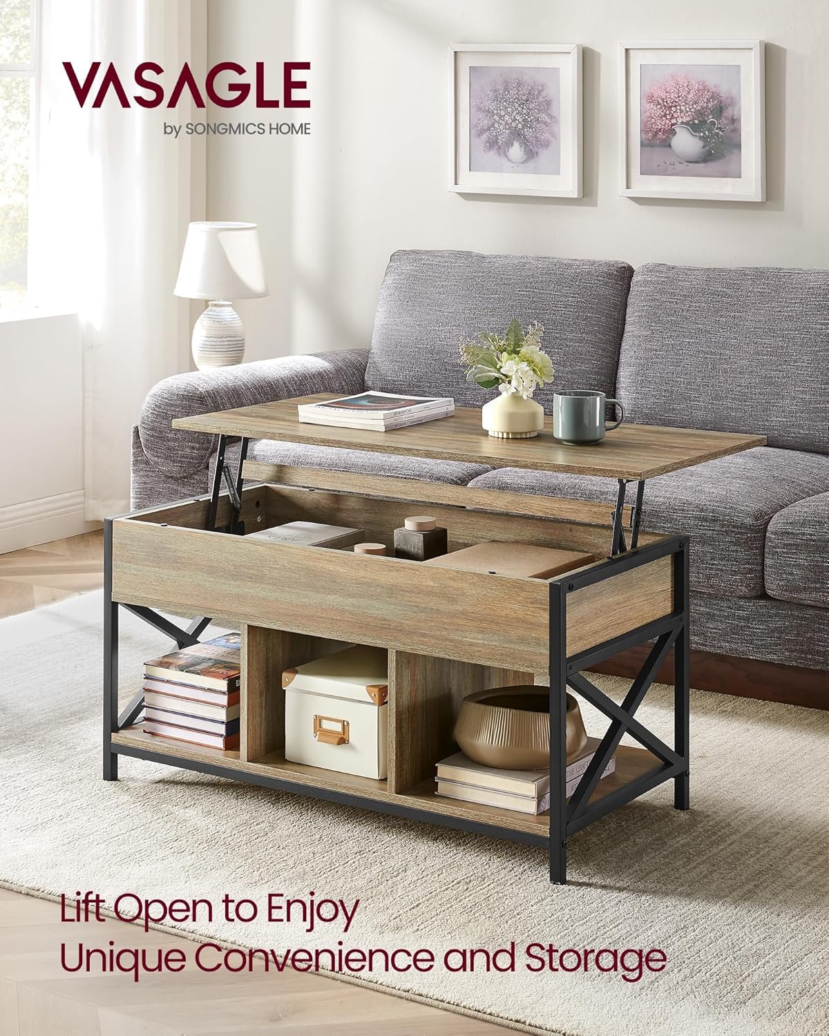 VASAGLE Lift Top Coffee Table, Lift Coffee Table with Storage Shelf, Hidden Compartments and Lifting Top, for Living Room, Office, 19.7 x 39.4 x (19.3-24.4) Inches, Oak with Blue Grains ULCT202B60
