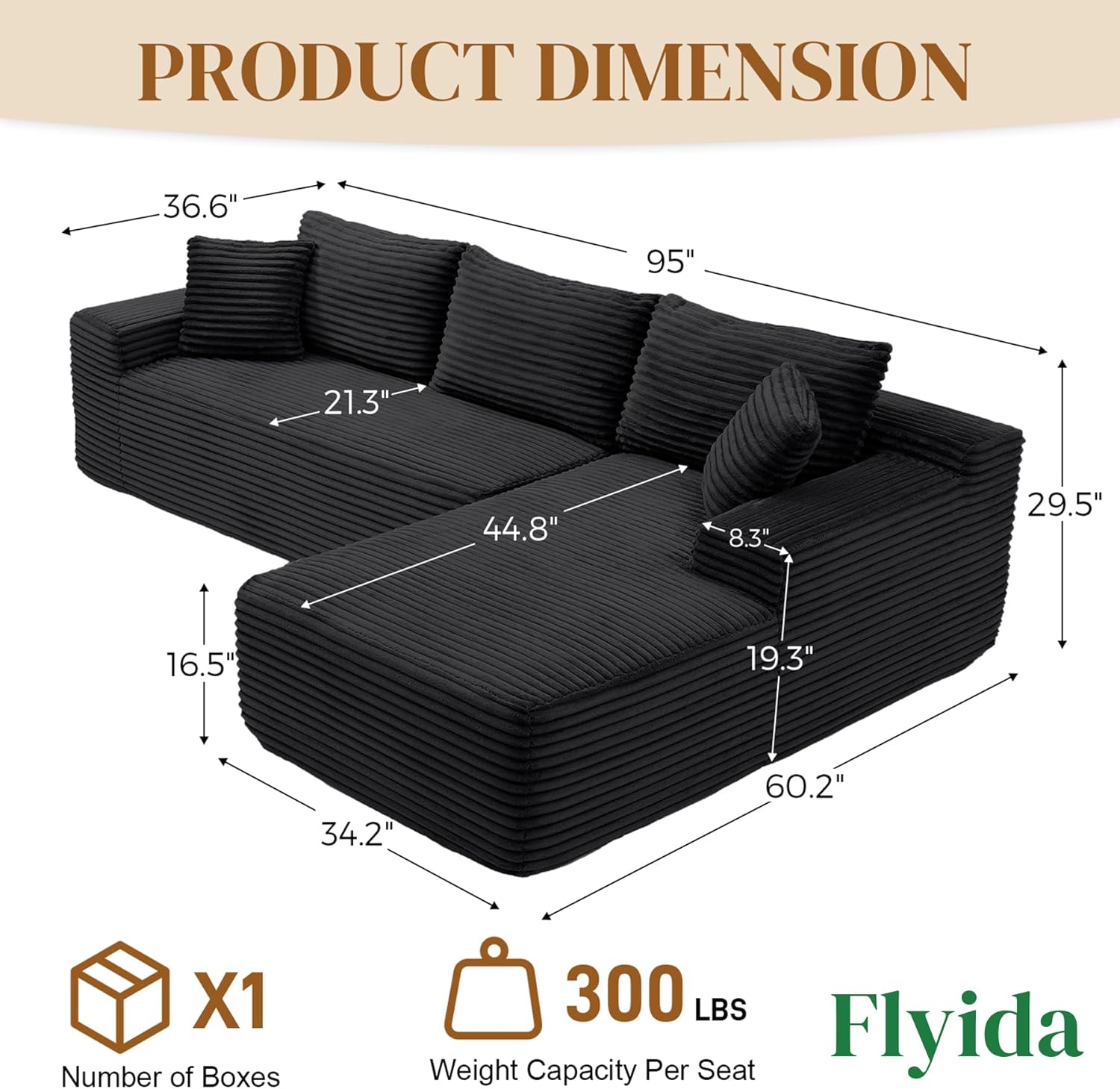 95" Boneless Cloud Sectional Couches for Living Room, Comfy Fluffy L Shaped Deep Seat Memory Foam Boneless Couch, Modular Sectional Sofas with Right Facing Chaise, Black