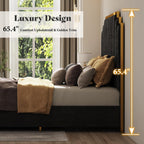 AMERLIFE King Size Upholstered Bed, Modern Velvet Bed Frame with 65.4” Tall Gold Trim Headboard, No Box Spring Needed, Black