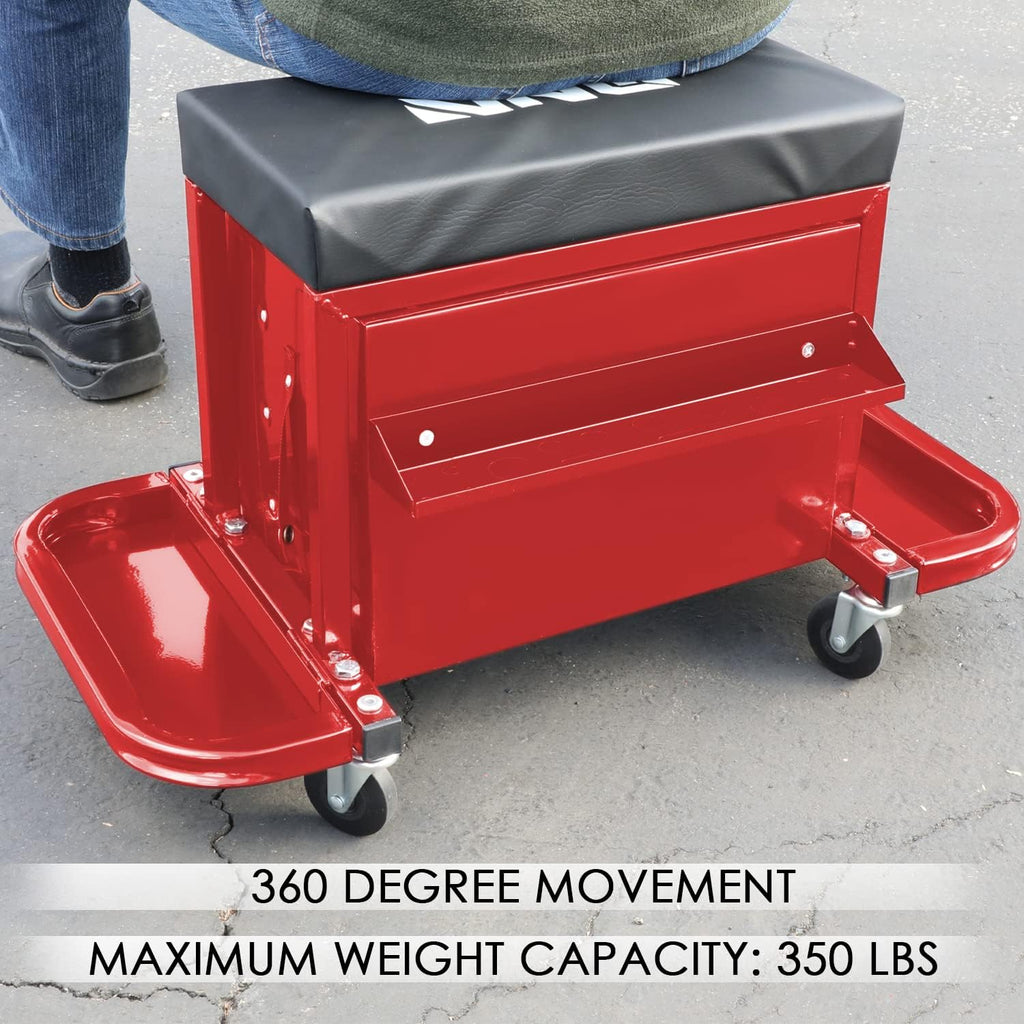 DNA Motoring TOOLS-00261 3-Drawer Tool Chest Rolling Mechanic Seat with Tool Trays,350lbs Max Weight Capacity,Red
