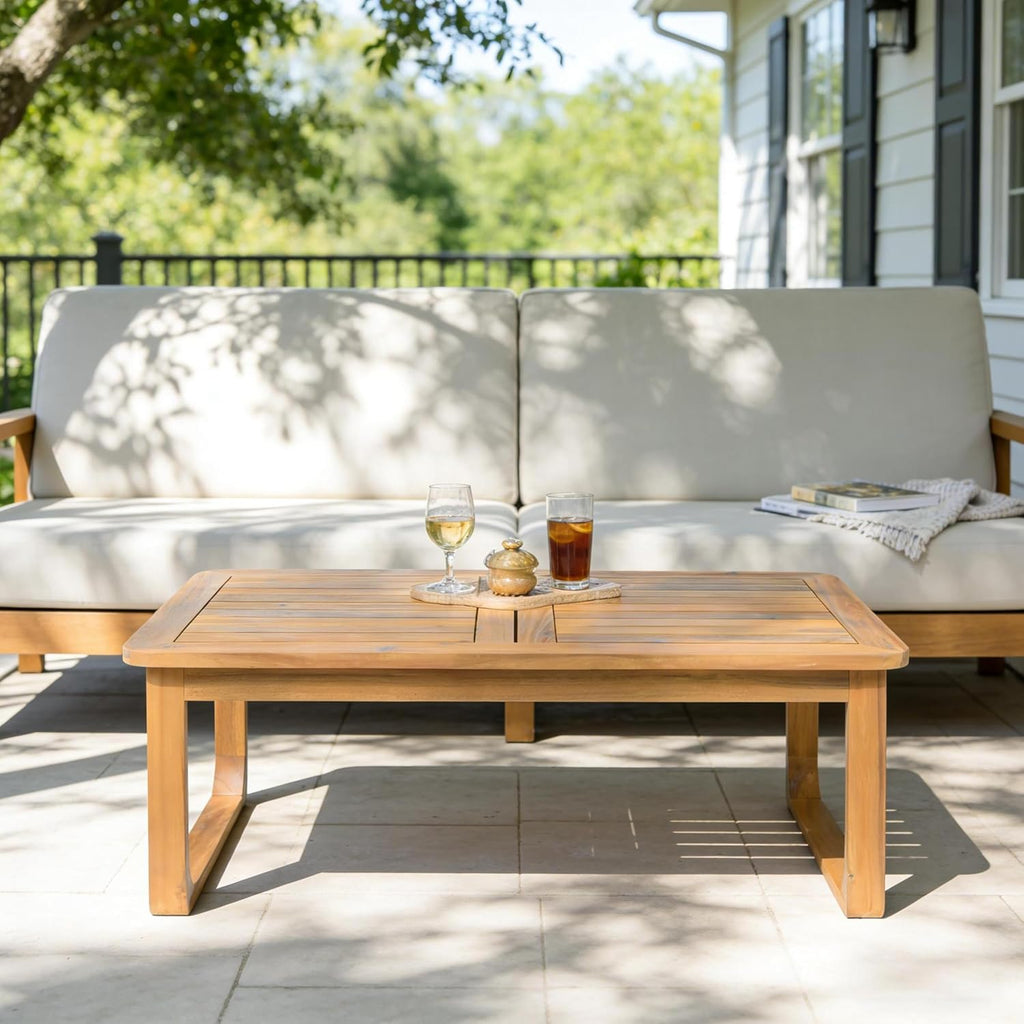 Christopher Knight Home Lebat Patio Acacia Wood Coffee Table, Solid Wood Outdoor Table for Patio Furniture Set, Slat Panel Rectangular Top, Light Teak