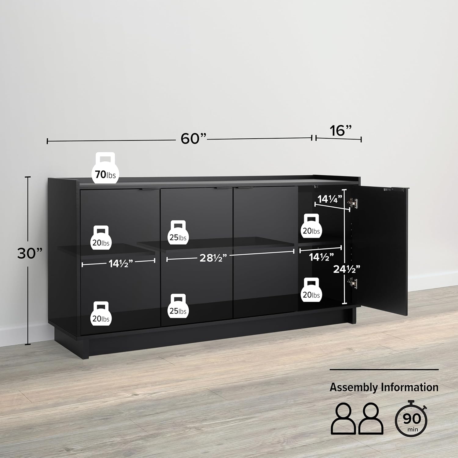 Prepac Simply Modern 4 Door Console Table Storage Cabinet, Buffet Cabinet for Storage and Organization, Modern Side Table with Doors & Shelves, 60”W x 30”H x 16”D, Black