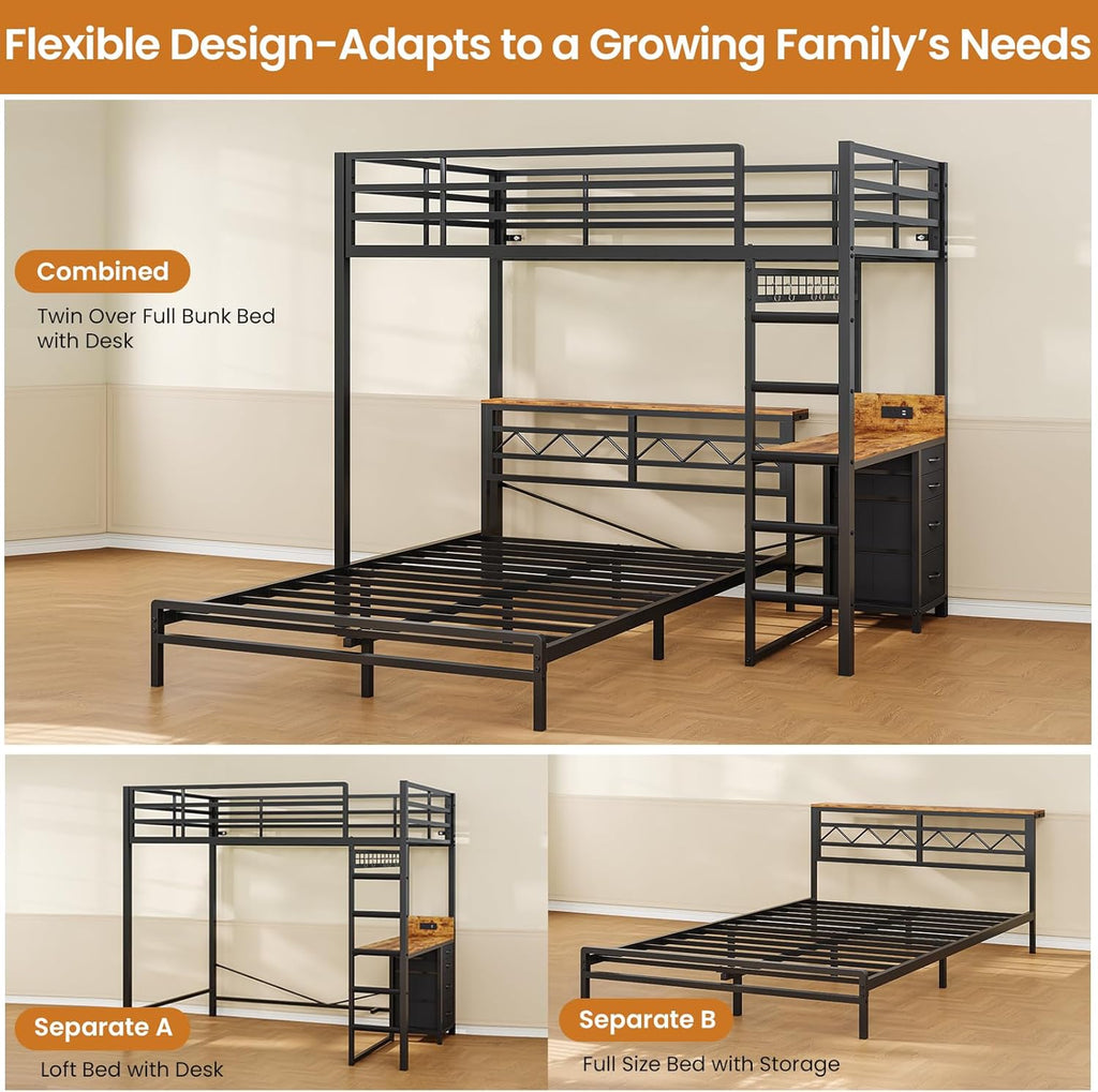 DICTAC Twin Over Full Bunk Bed with Desk,Led Lights and 4 Drawers,Metal Bunk Beds with Storage Headboard and Charging Station,L-Shaped bunk Bed for Kids/Teen with Safety Guardrail and Ladder,Black