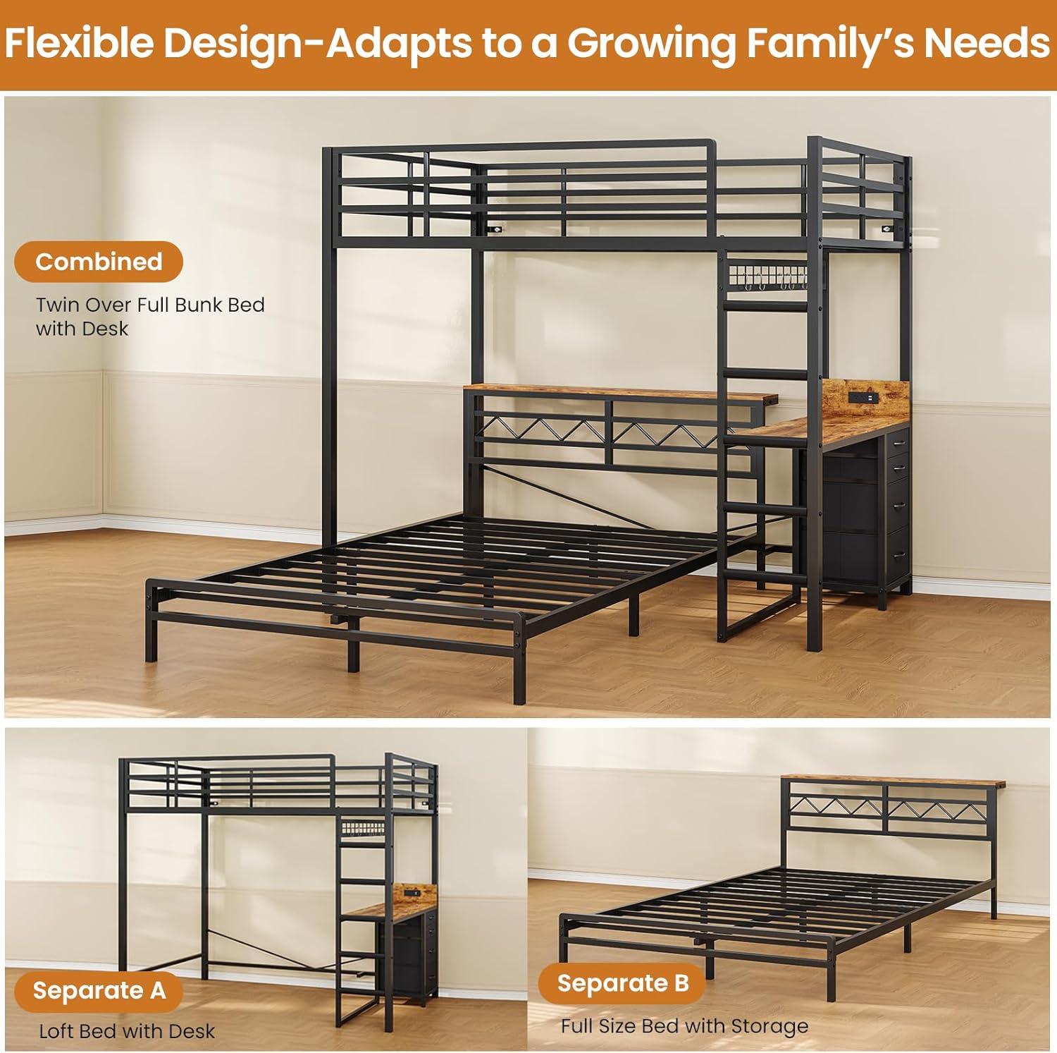 DICTAC Twin Over Full Bunk Bed with Desk,Led Lights and 4 Drawers,Metal Bunk Beds with Storage Headboard and Charging Station,L-Shaped bunk Bed for Kids/Teen with Safety Guardrail and Ladder,Black